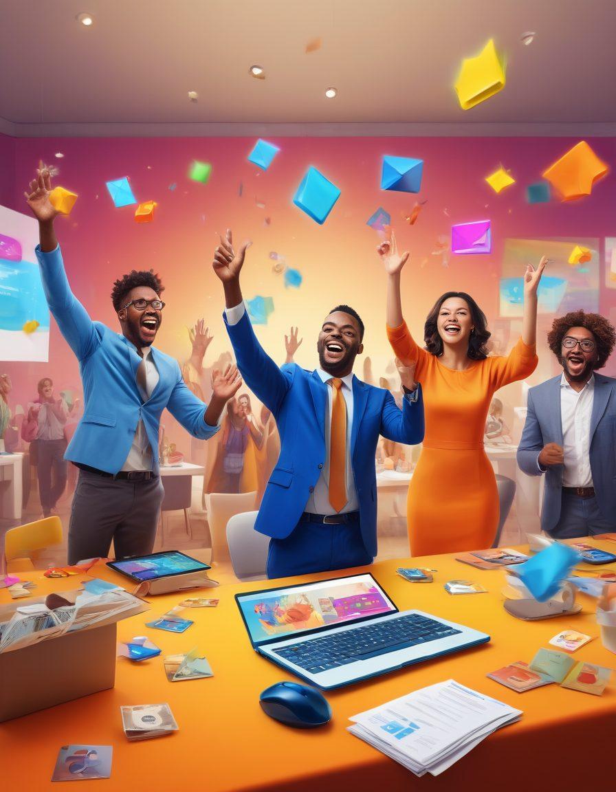 A vibrant scene depicting a diverse group of people joyfully engaged in an online auction, surrounded by floating, colorful symbols of discounts and bids. The background features a dynamic digital interface showcasing various items and offers, with cheerful expressions reflecting excitement and strategic thinking. Bright, cheerful colors should dominate the image, creating a lively atmosphere that encapsulates the essence of winning deals. super-realistic. vibrant colors. digital art.