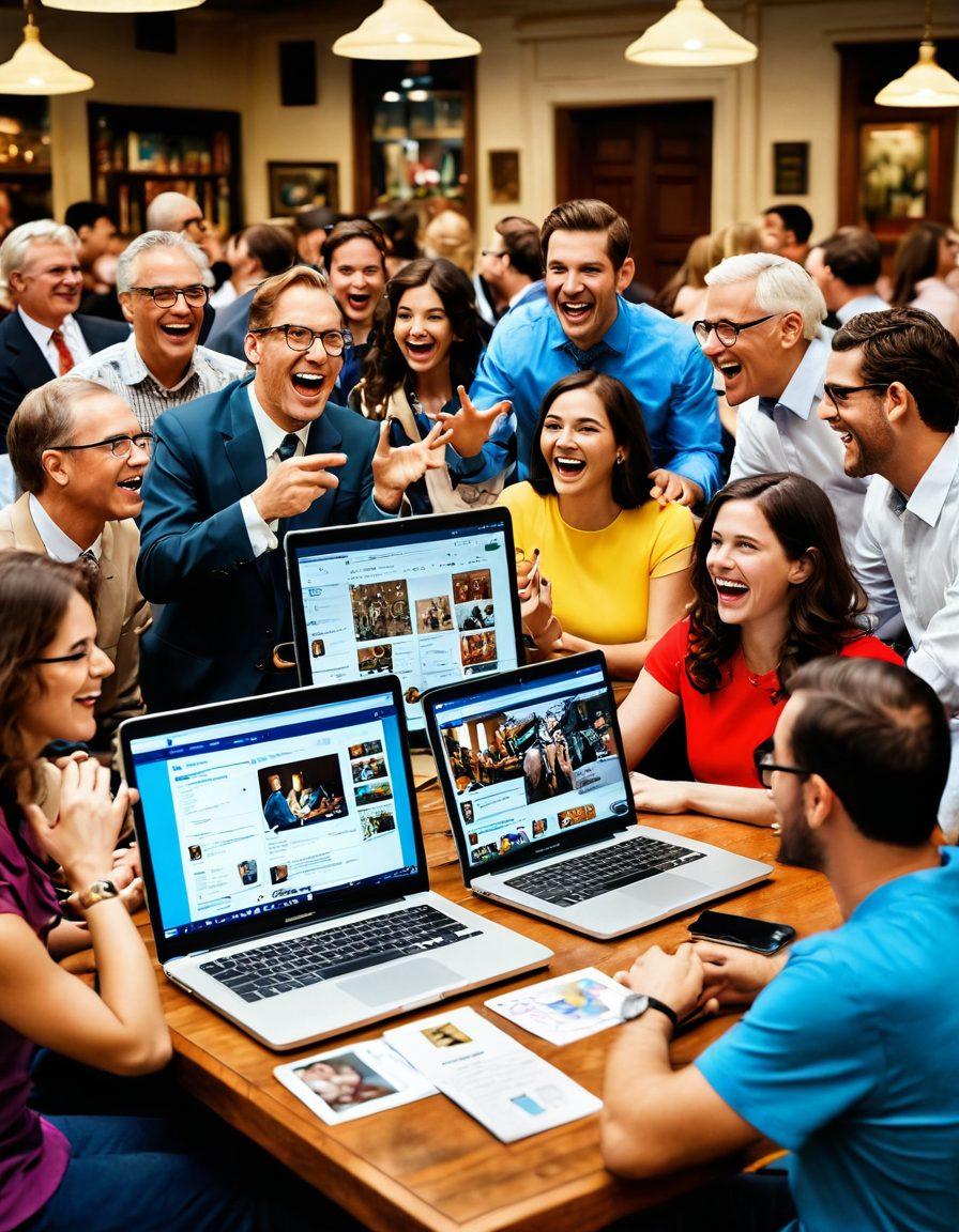 A dynamic scene depicting a bustling online auction platform, showcasing diverse happy bidders engaged in lively bidding wars on their laptops and smartphones. Include emotive facial expressions, vibrant digital auction timers, and an array of exciting auction items like antiques, art pieces, and collectibles. Emphasize a sense of community with chat bubbles and interaction among participants. super-realistic. vibrant colors. modern digital art.